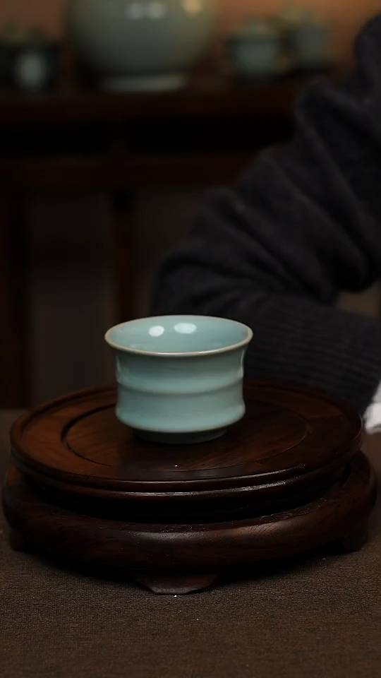 瓷片天青色束腰竹节杯100ml微瑕不带礼盒