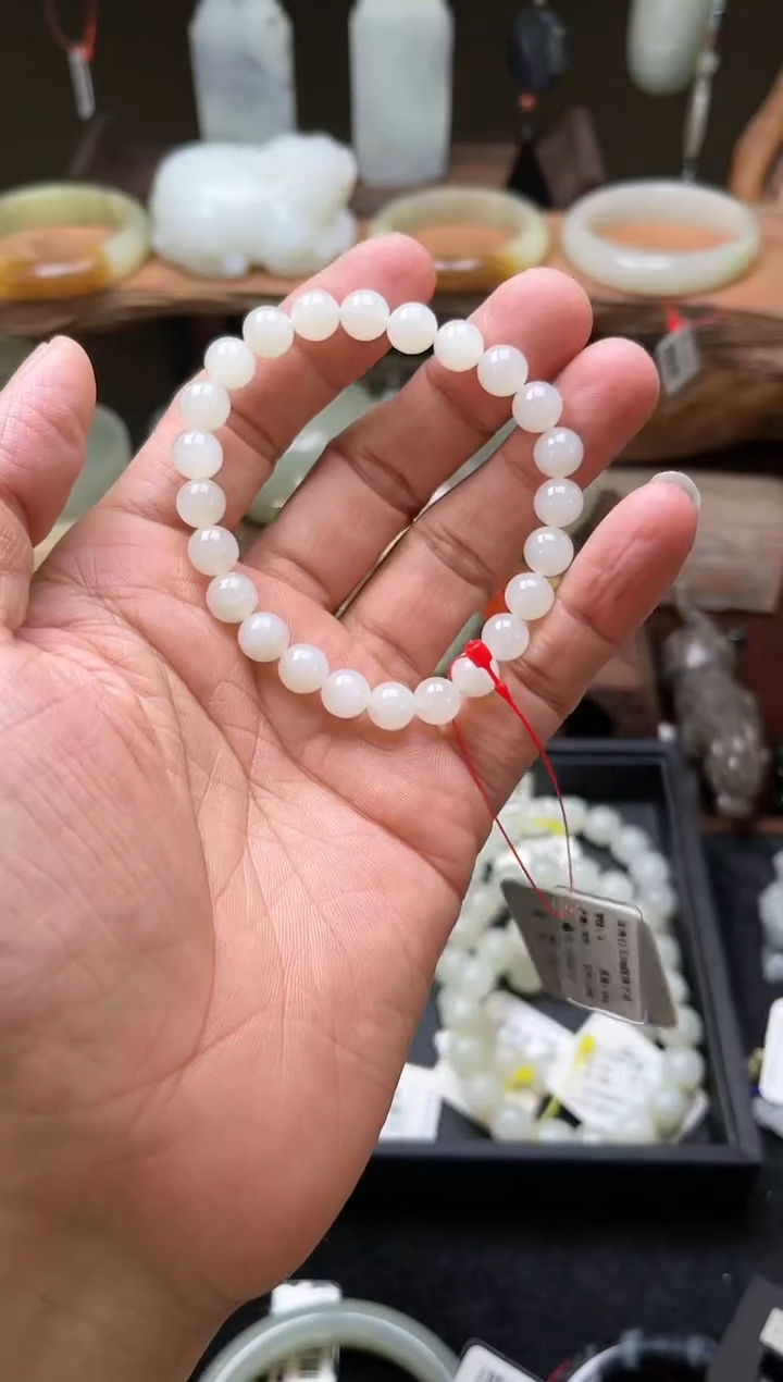 【闪购商品】和田玉手串未镶嵌卡8青海白玉 圆珠9003317