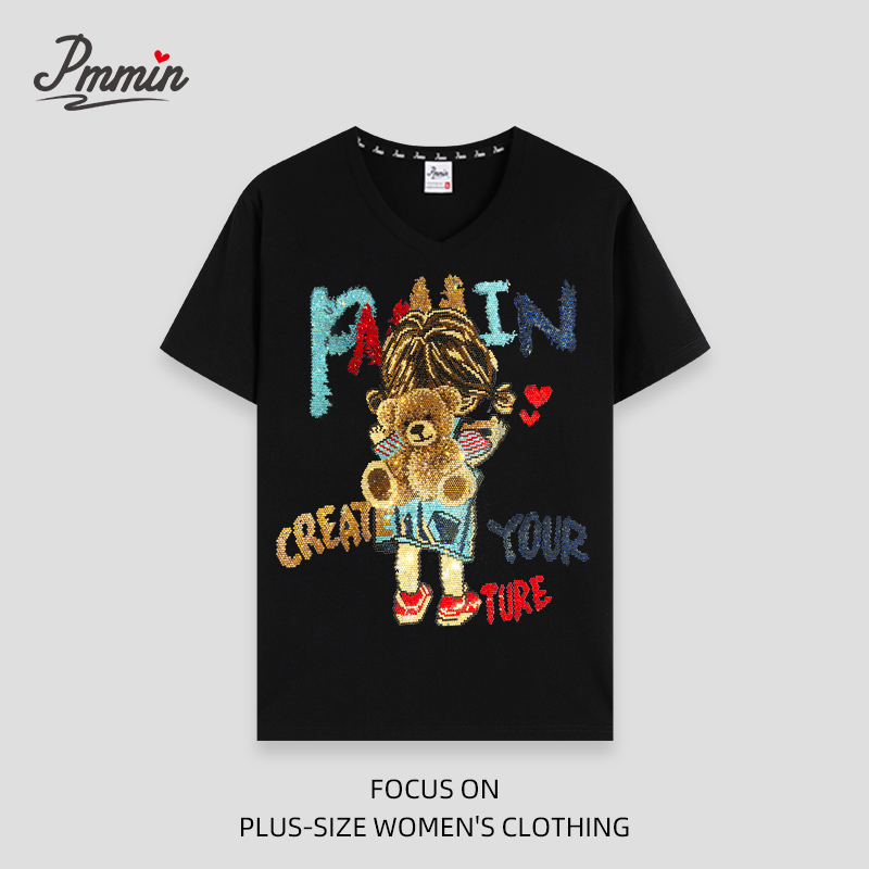 pmmin【背带小熊】女装大码V领烫钻短袖T恤 夏季烫钻