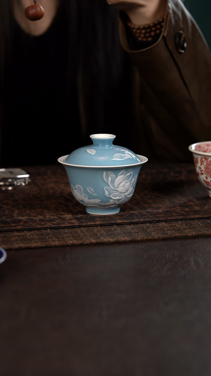 【闪购商品】杯初蓝舍天青荷花元宝盖碗