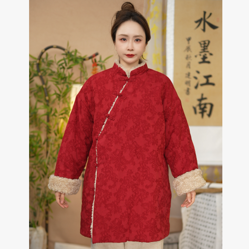 水墨江南-【提花赋】纯亚麻提花加棉加厚泰迪绒盘扣中式棉服25180