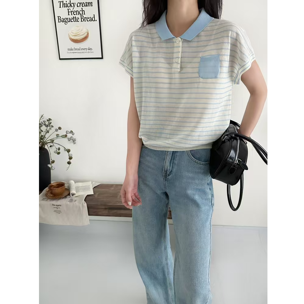 【线下同款】莱赛尔丝绸~高定！夏季翻领条纹口袋女针织衫清#88069