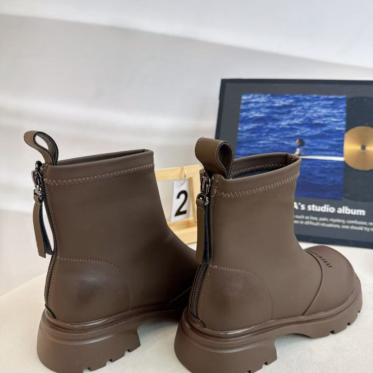 W309-1冬靴新款厚底瘦瘦靴爆款法式踝靴黑色女靴子早秋小短靴薄绒