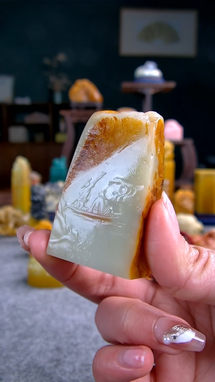 【闪购商品】青田石菜花黄筏舟薄意雕3.6*2.0*6.3