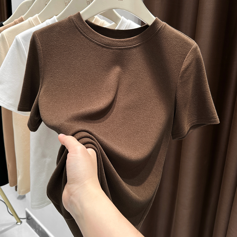 咖色圆领短袖上衣2025秋冬德绒内搭设计感磨毛保暖打底衫T恤女款