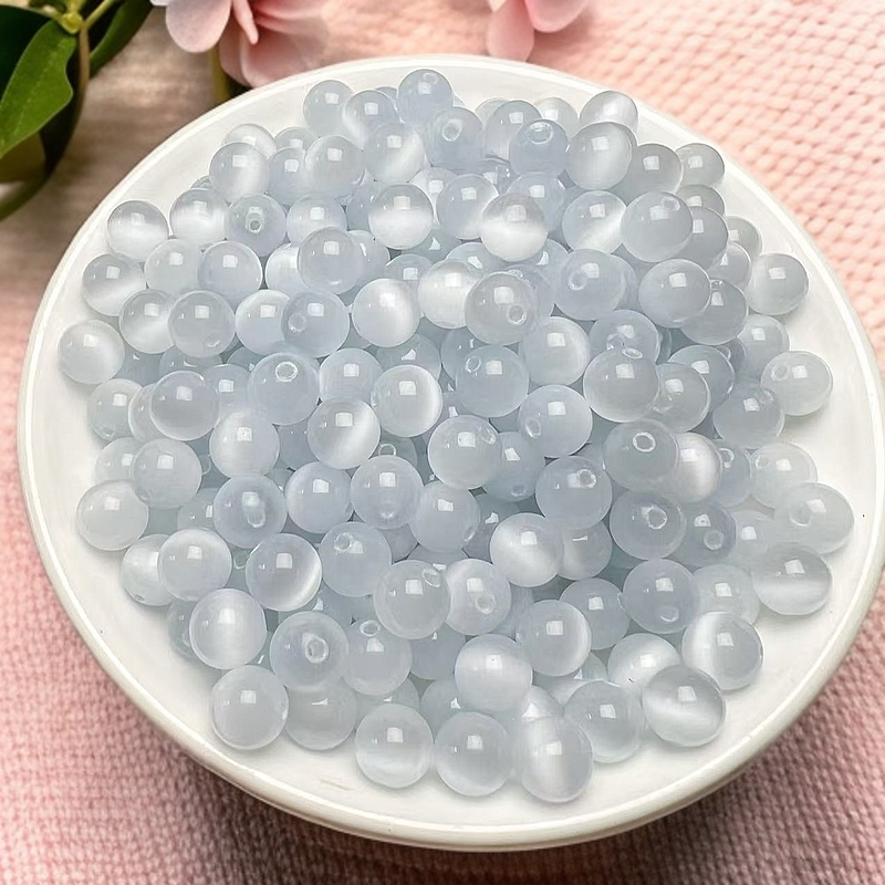 天然散珠 粉白猫眼圆珠【C047】8mm 25颗10元