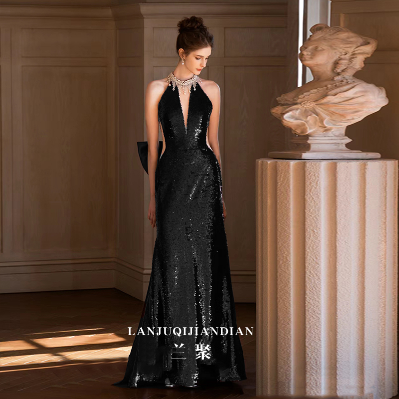 法式亮片鱼尾礼服2025黑色成人毕业礼服小众订婚连衣裙亮片轻奢