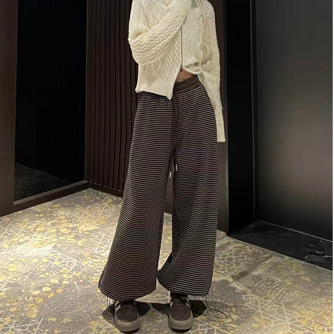 0353【冬季新款】韩系慵懒风抽绳两穿条纹直筒裤（8826）
