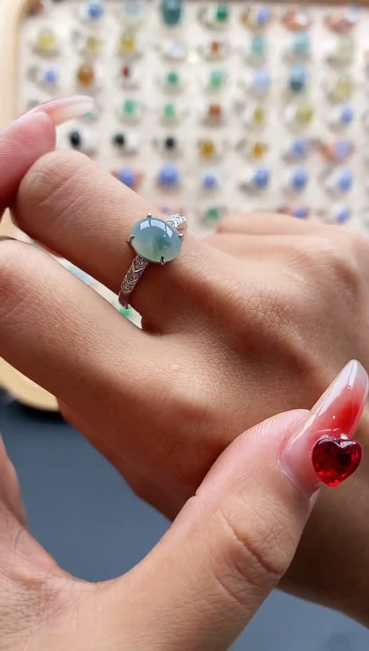 【闪购商品】翡翠戒指银S925镶嵌缅甸天然A货翡翠111 2+1