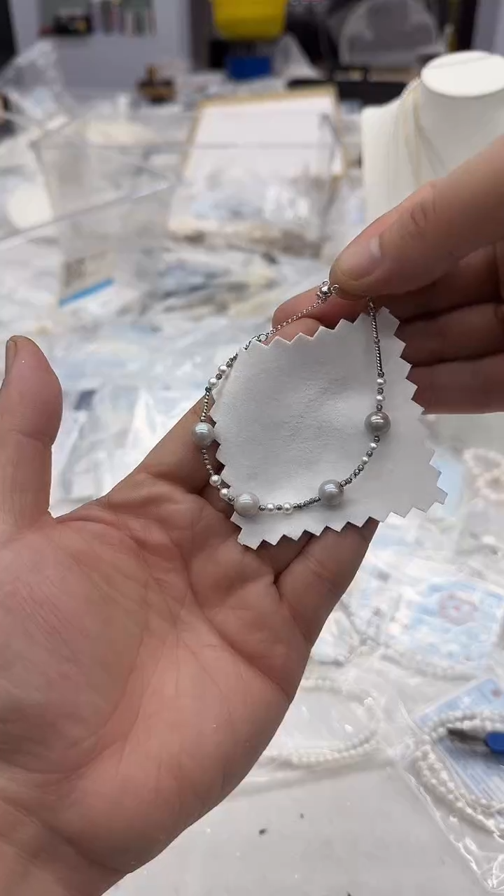 银S925镶嵌手链海水珍珠4-8mm 真多麻大小珠-孤品