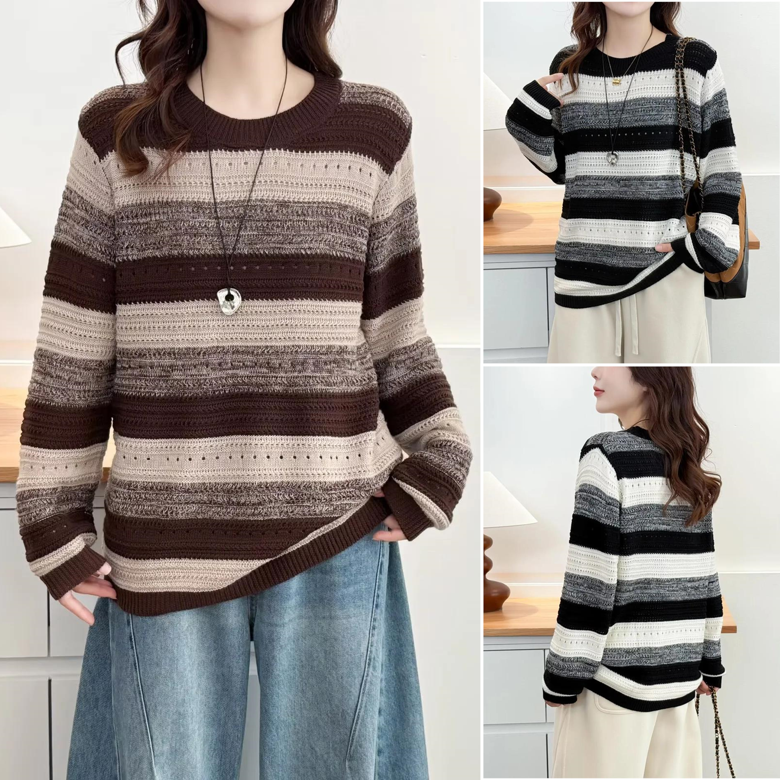 2025秋冬新款胖mm大码女装镂空女毛衣中年针织衫撞色条纹圆领上衣