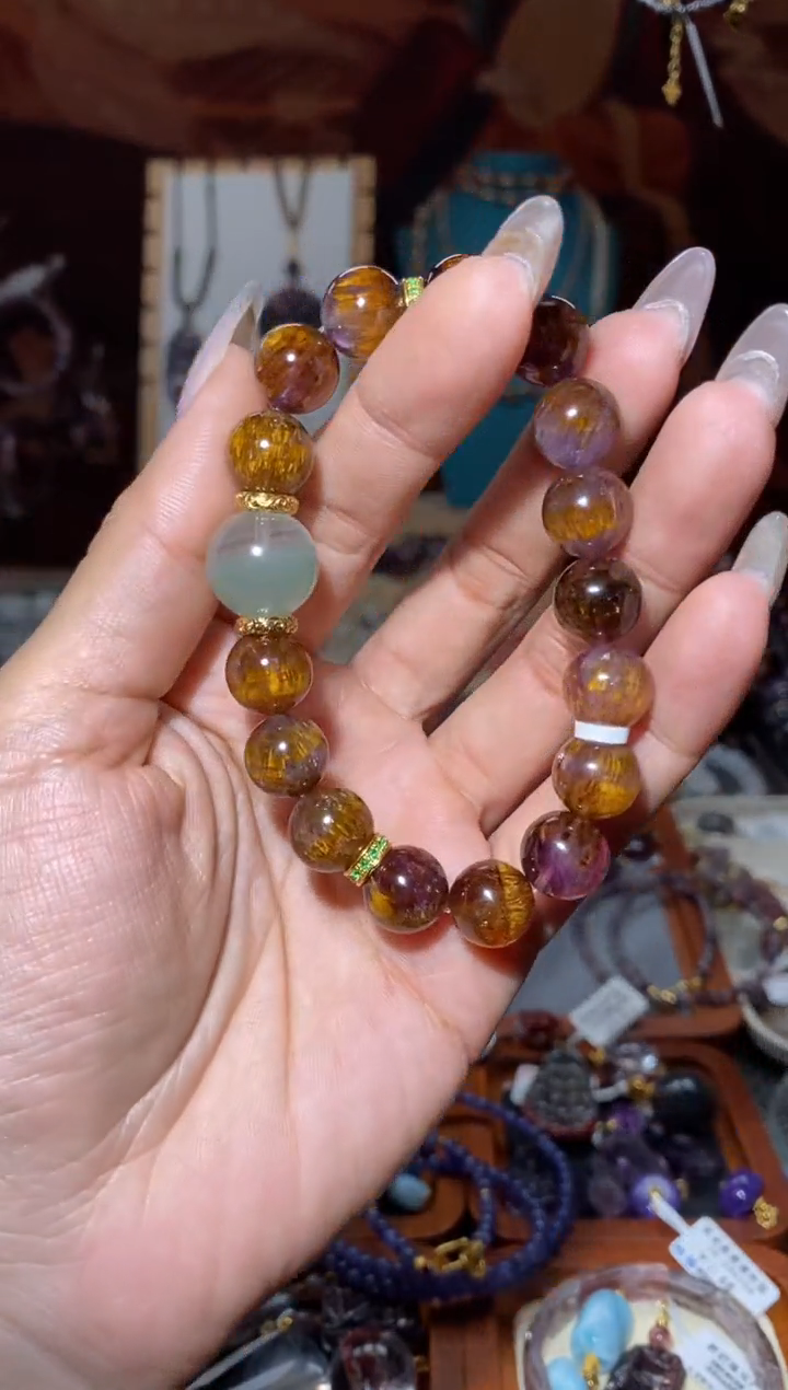 【闪购商品】水晶手串18K金镶嵌极光紫钛青幽灵