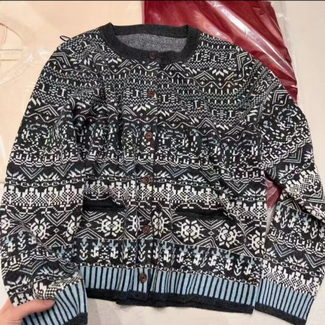 （三妹家）复古费尔岛提花圆领撞色民族慵懒外套开衫