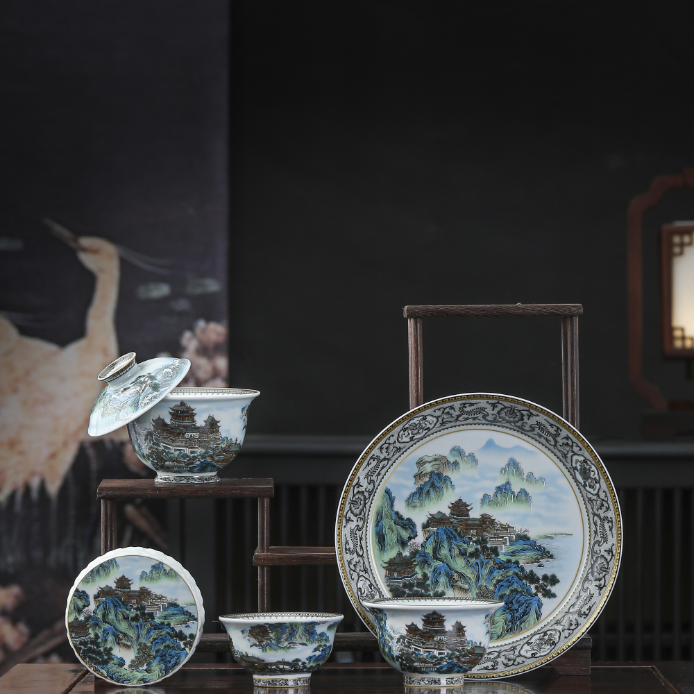 青鲤造物釉中蓬莱仙境山水壶承盖碗主人杯压手杯盖置五件套礼盒装