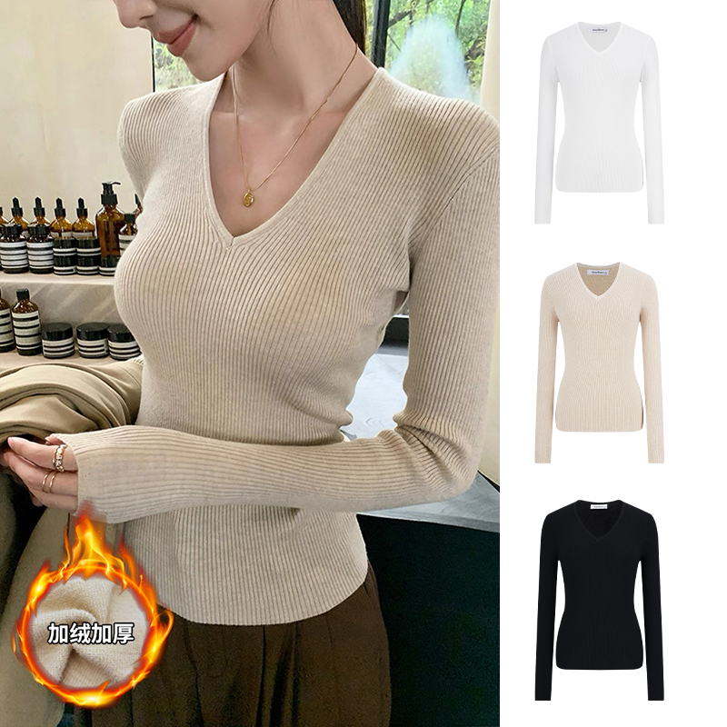 Moses Queen/魔西女王纯欲V领正肩T恤针织修身显瘦打底上衣