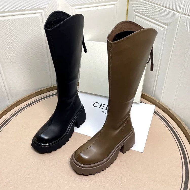 5.5厘米V口长筒靴女加绒150小个子厚底不过膝长靴增高显瘦高筒