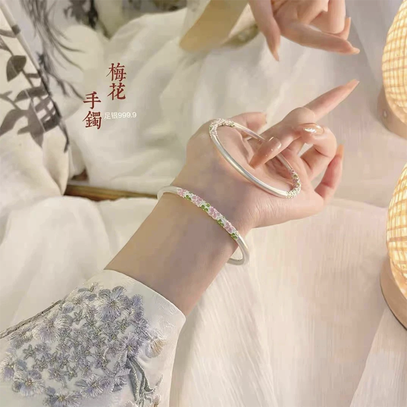 足银手镯 74号链接【珐琅梅花闭口】足银999.9手镯带证书礼盒包装