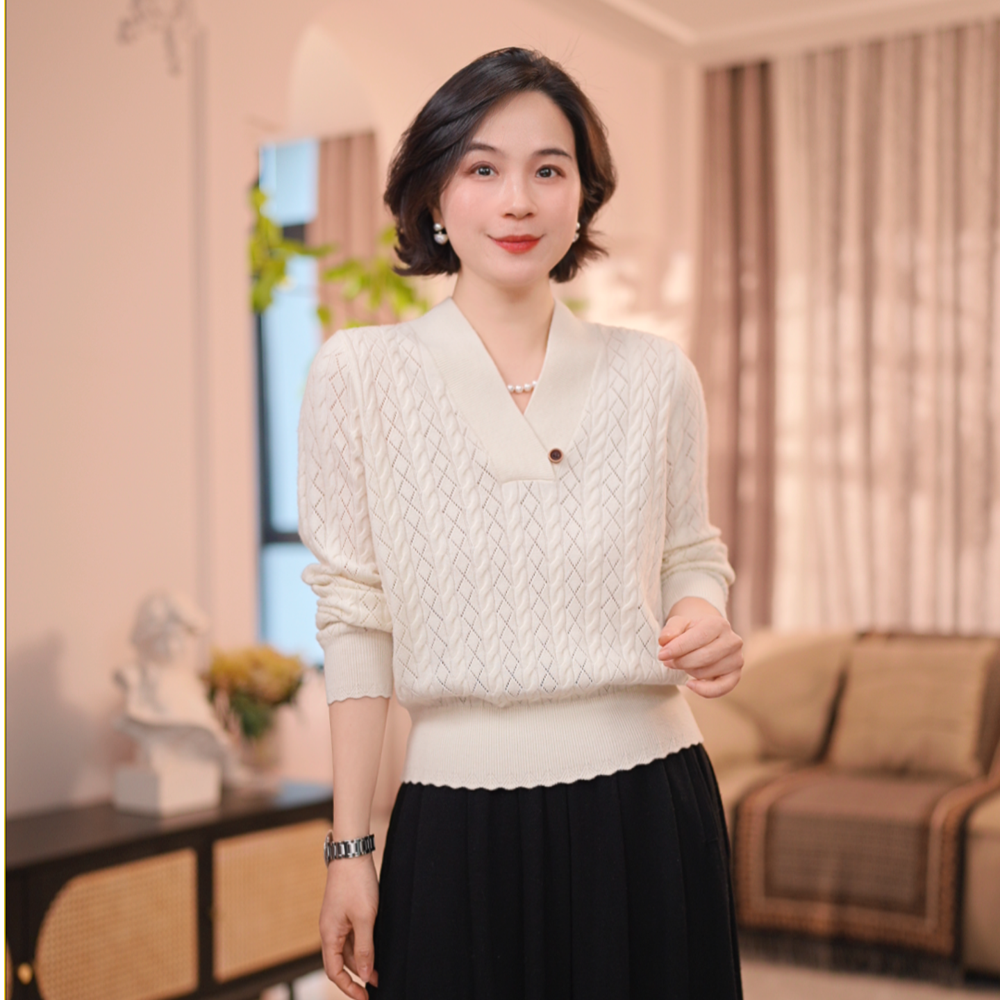 LVMU/吕木【俏佳人】秋冬新款长袖麻花V领针织套头上衣#DQ7165