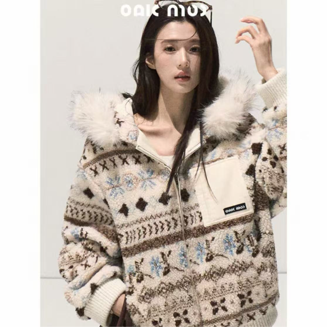 复古提花可拆卸毛领羊羔毛连帽短外套秋冬加厚上衣