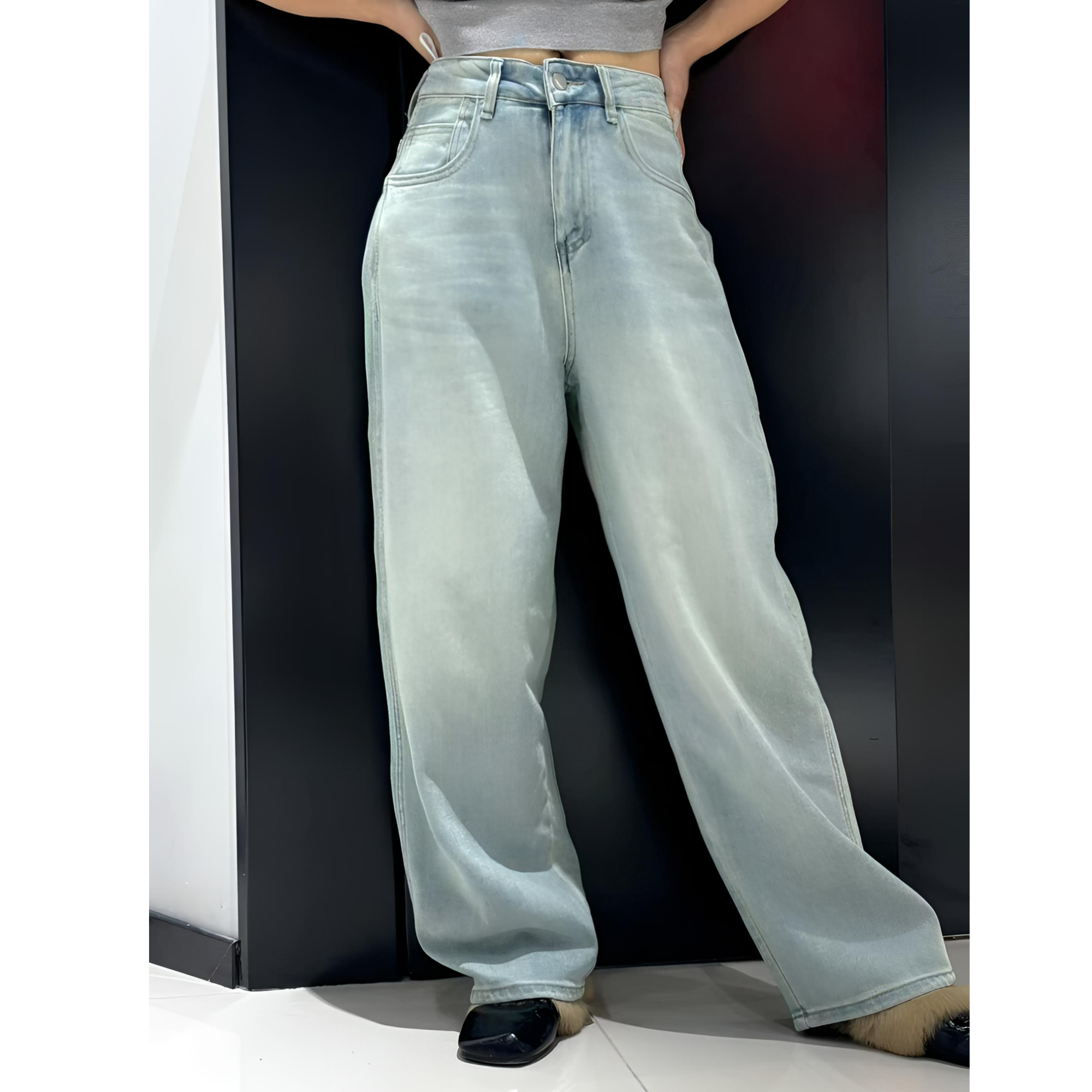 牛仔裤蓝色水洗宽松高腰直筒