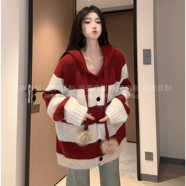 小众炸街高级感女装2025秋新款条纹开衫女学院风穿搭连帽毛衣外套