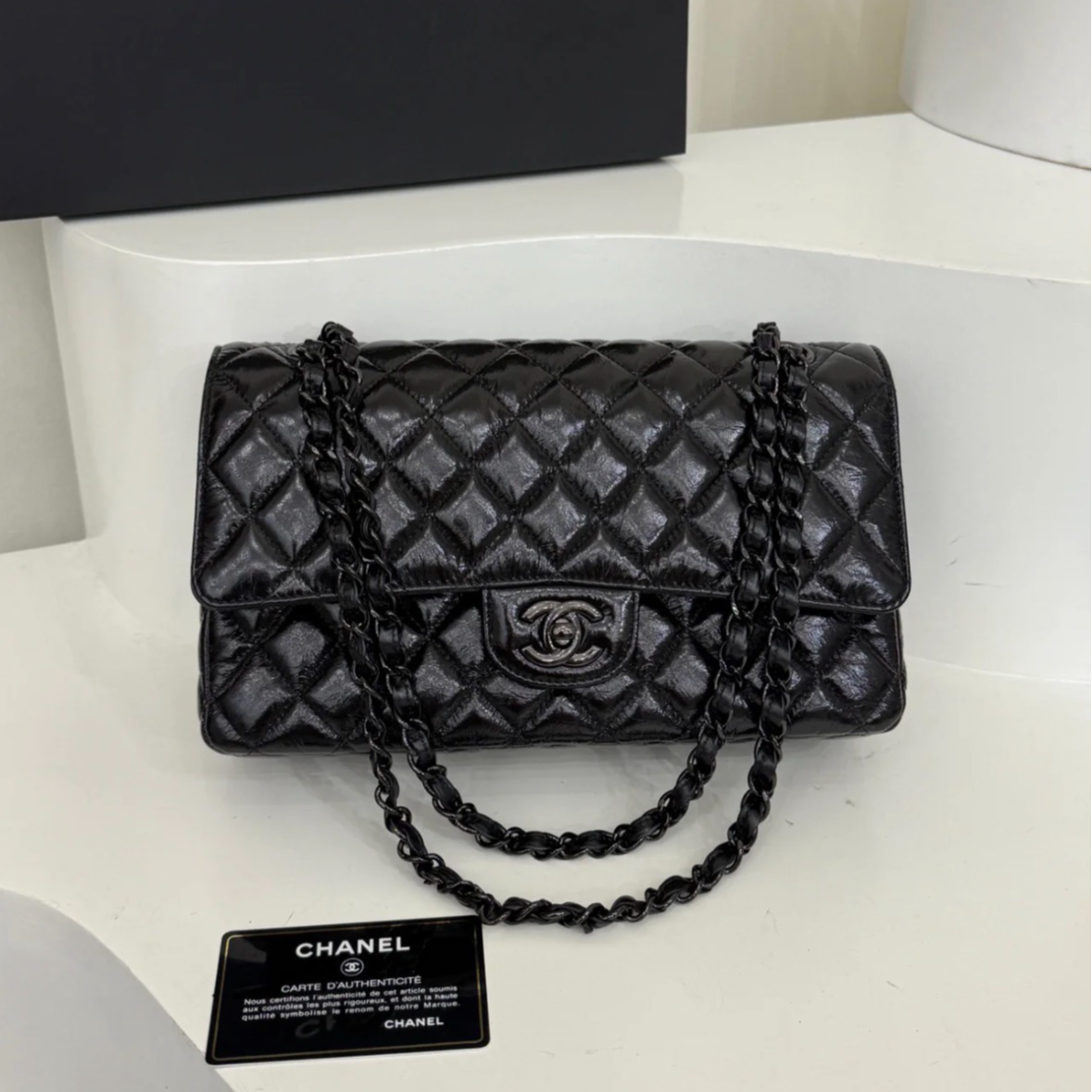 99新 Chanel/香奈儿 全黑油蜡小号cf单肩包D252寄卖服务