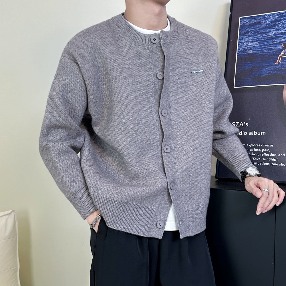 春季新款复古纯色圆领男女同款宽松休闲潮流百搭毛衣外套7227