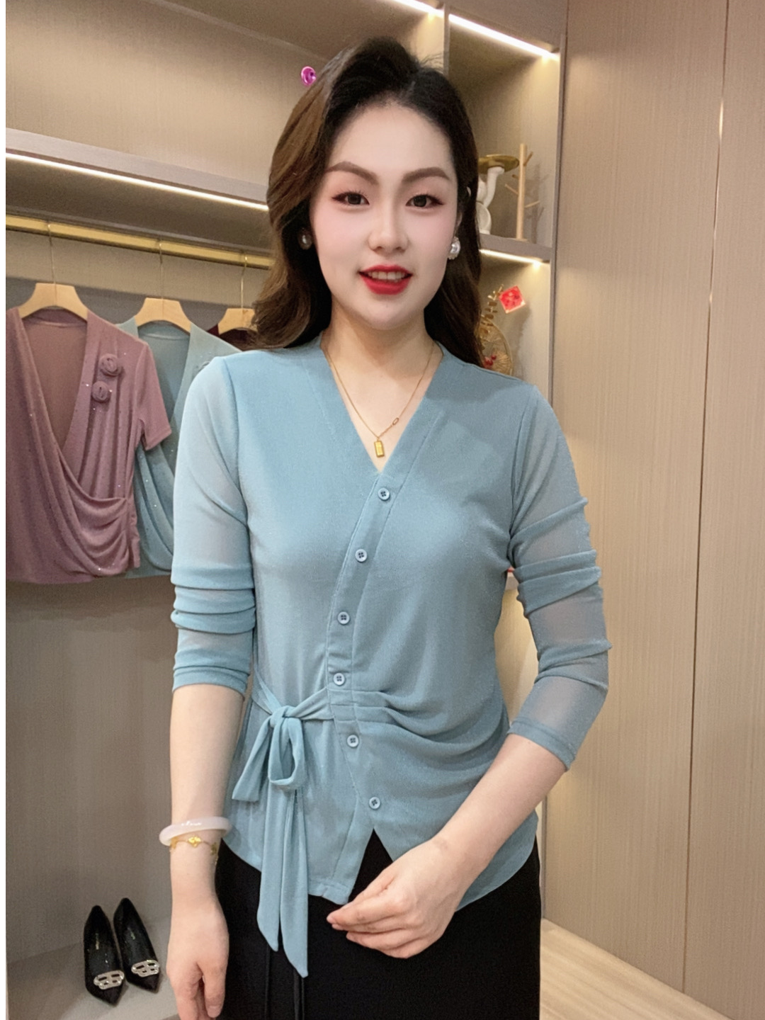 秋季上衣妈妈装时尚显瘦气质洋气系带休闲打底衫长袖