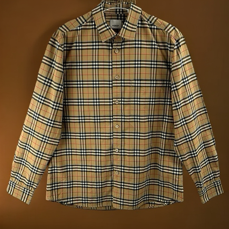 99新 10952258 Burberry博柏利 经典格纹翻领男款衬衫 卡其色 L码