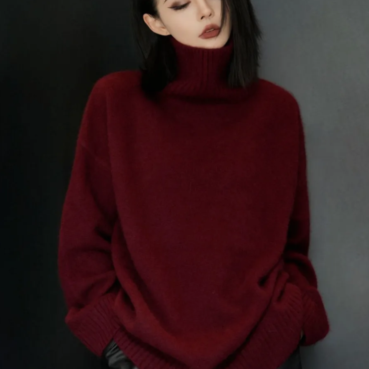 软糯~高领加厚宽松慵懒羊绒羊毛衫红色针织衫毛衣秋冬050