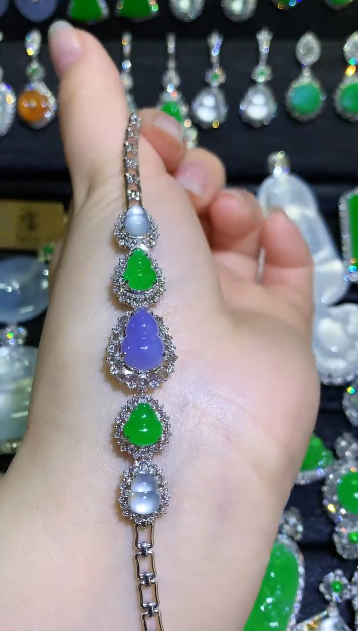 【闪购商品】翡翠手链18K金镶嵌高冰紫罗兰三色葫芦手链