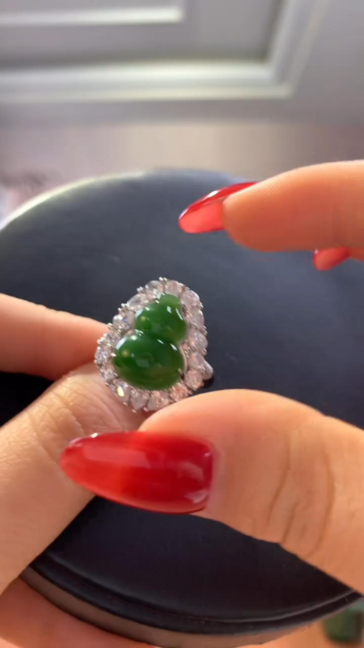 和田玉银S925镶嵌挂件碧玉葫芦戒指