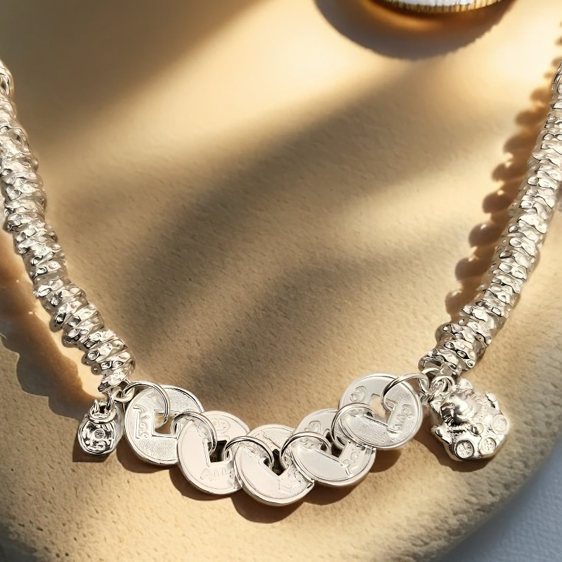 足银手链 足银手链 招财猫盘缠五帝币时尚手链