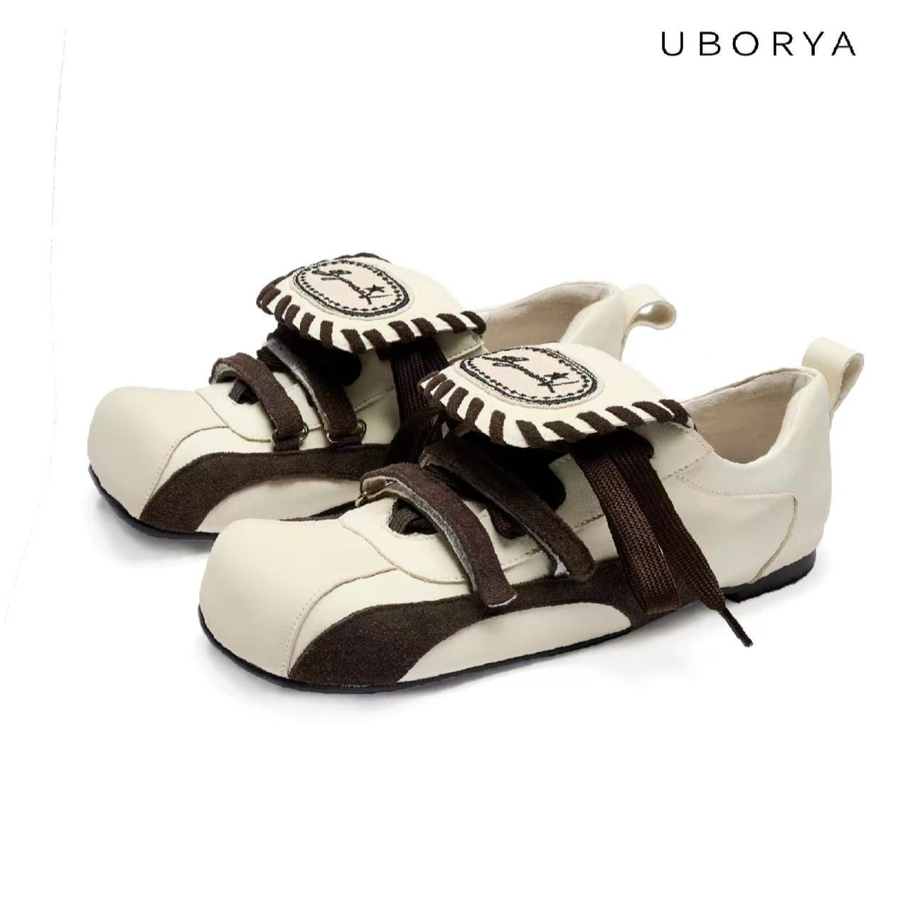 UBORYA设计师品牌/米白圆头系带舒适百搭复古小众平底