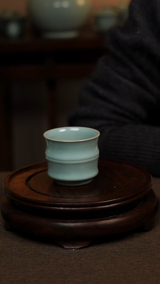瓷片天青色全手工竹节杯100ml微瑕不带礼盒