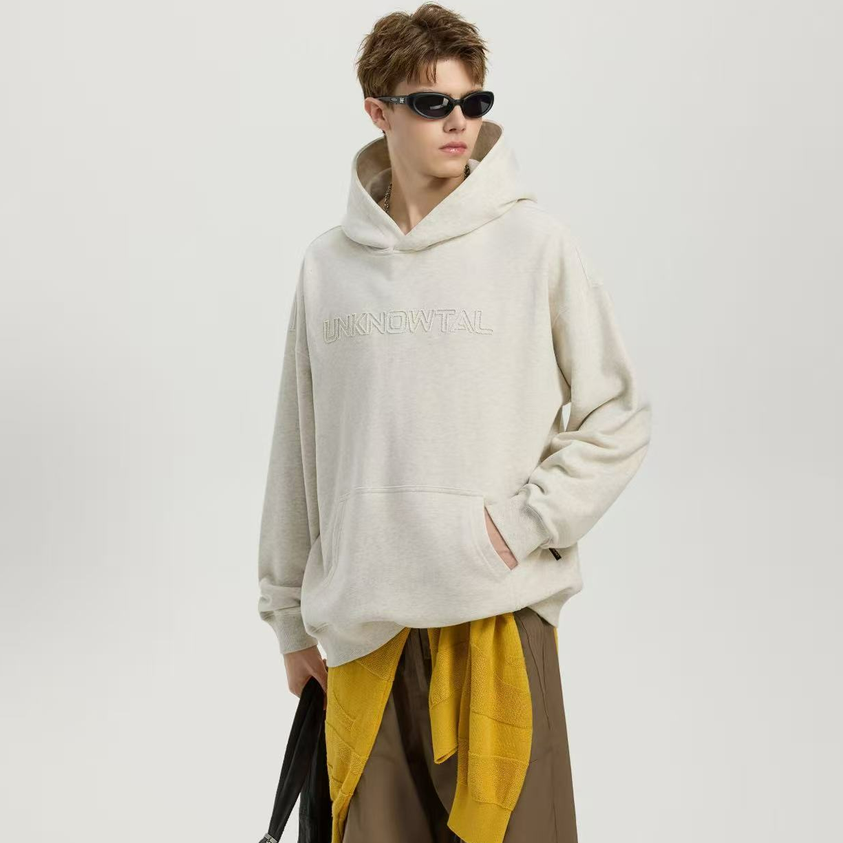 UNK基础美式复古LOGO镂空设计磨毛休闲宽松套头连帽卫衣 男女同款