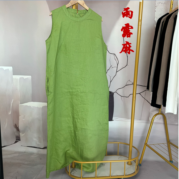 【反季】全亚麻夏季新款纯色千金绿色A版连衣裙休闲无袖显瘦显高