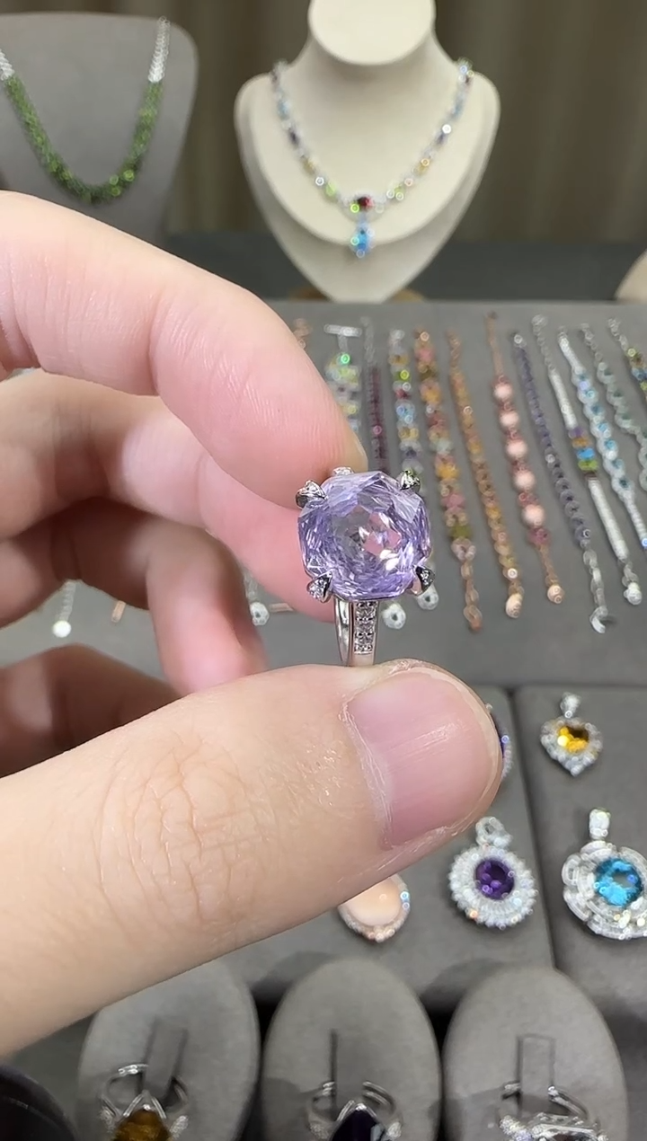 银S925镶嵌戒指水晶10mm薰衣草玫瑰款