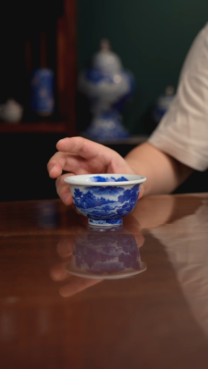 晓月柴窑 山水压手杯