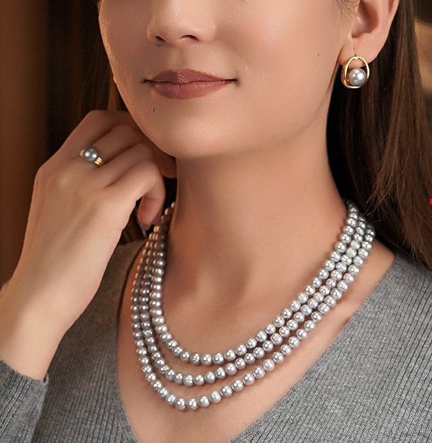 7-8mm 灰色三层淡水珍珠耳环戒指项链一套 气质时尚百搭中古复古