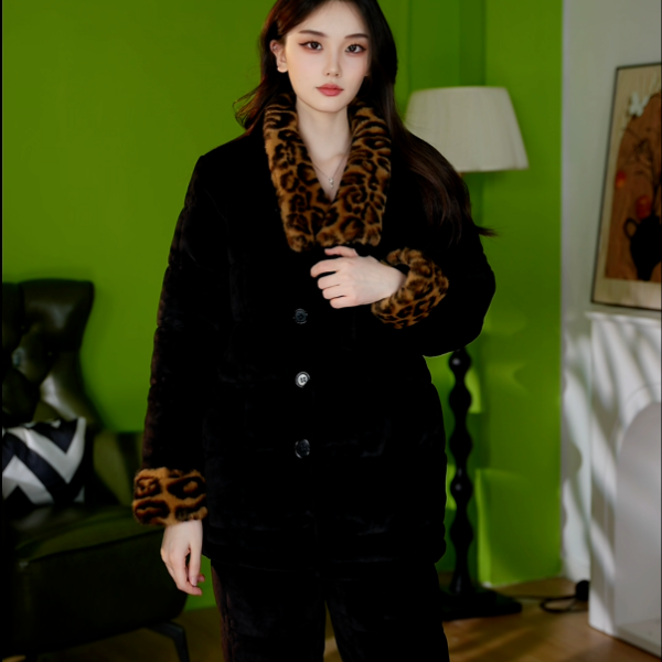 2025年冬季套装长袖豹纹领轻奢家居服套装翻领保暖毛领睡衣ARY