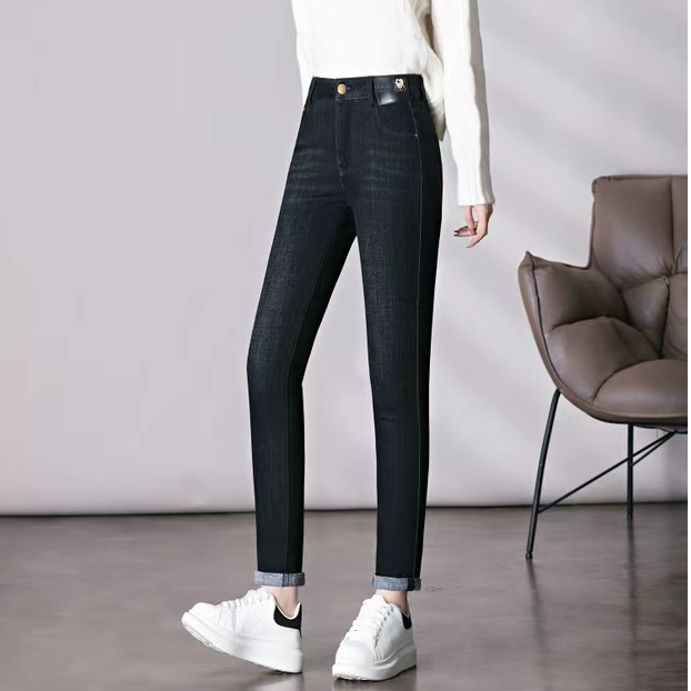 9836#抓毛加厚牛仔裤女新款冬季女士高腰弹力显瘦修身保暖小脚裤