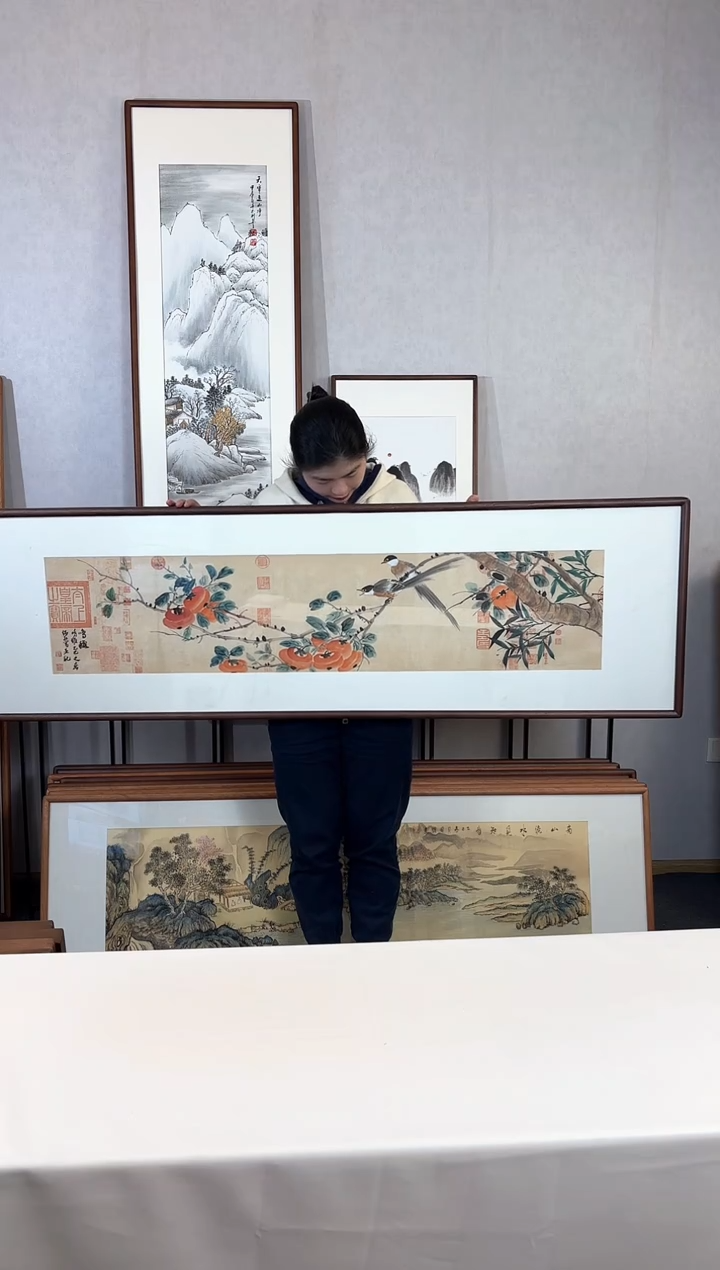 【闪购商品】国画手绘*鸣秋柿子*52*172cm实木框