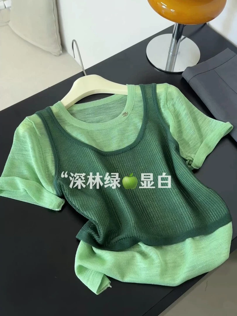 L森林绿色假两件短袖2025夏季新款圆领薄款高级感气质独特上衣