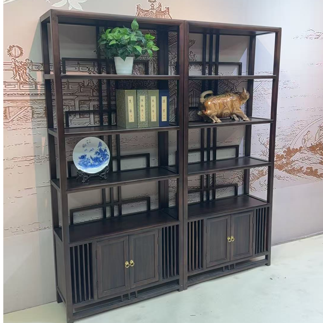 原木现代新中式博古架实木茶室置物架客厅展示柜办公室玄关柜茶几