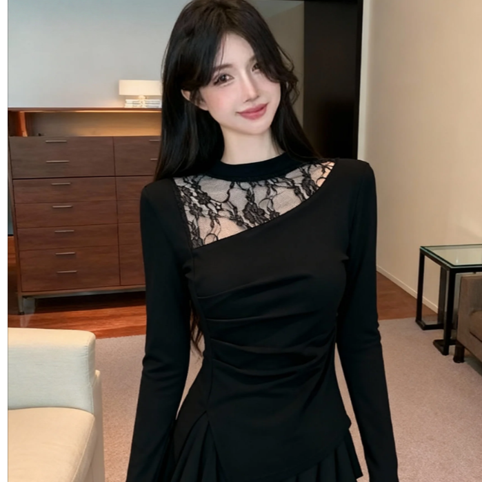 秋冬新款修身显瘦绒长袖女上衣内搭打底衫蕾丝拼接立领T恤0017