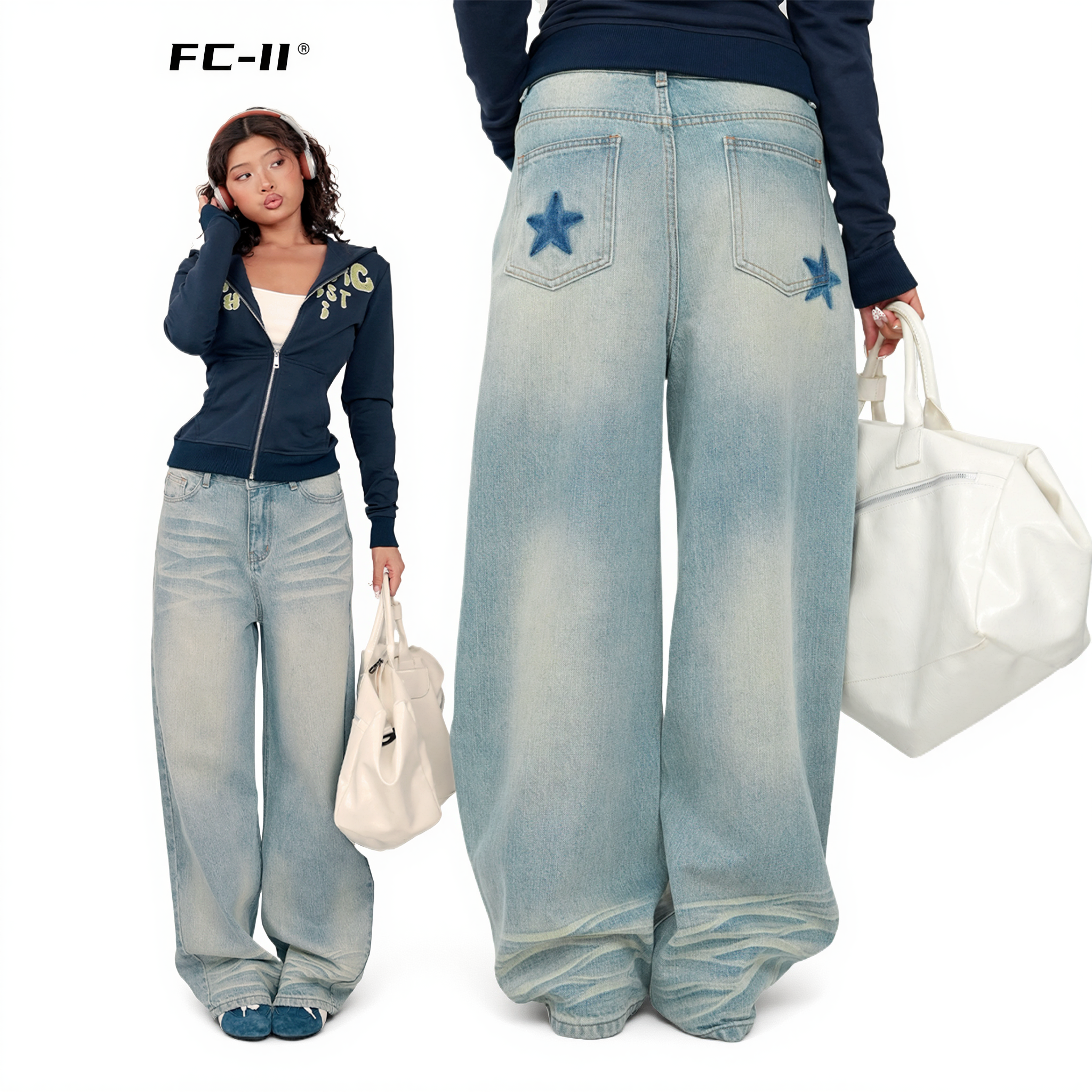 【Fcii】秋季新款宽松阔腿高级感水洗牛仔裤 H5K3410