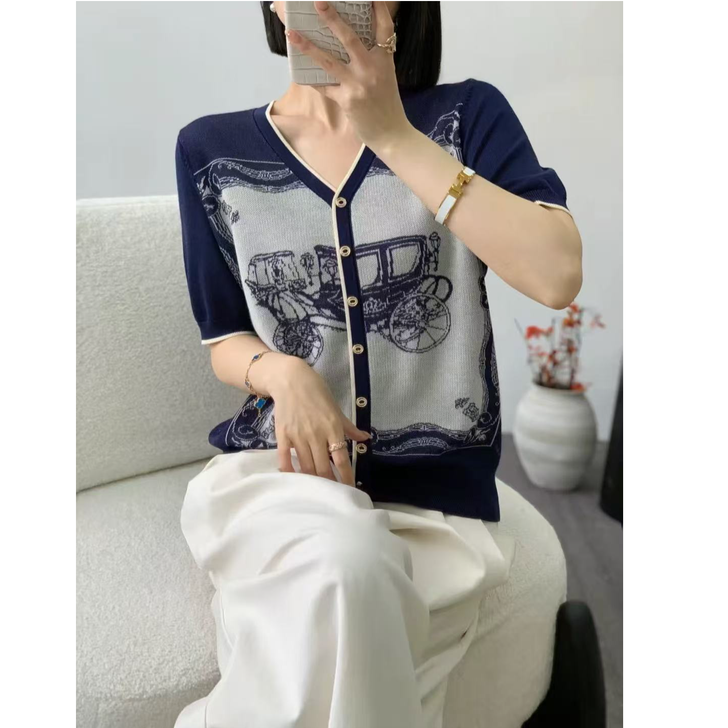 【专属】莱赛尔天丝~复古蓝色小车提花夏季气质套头女针织质上衣