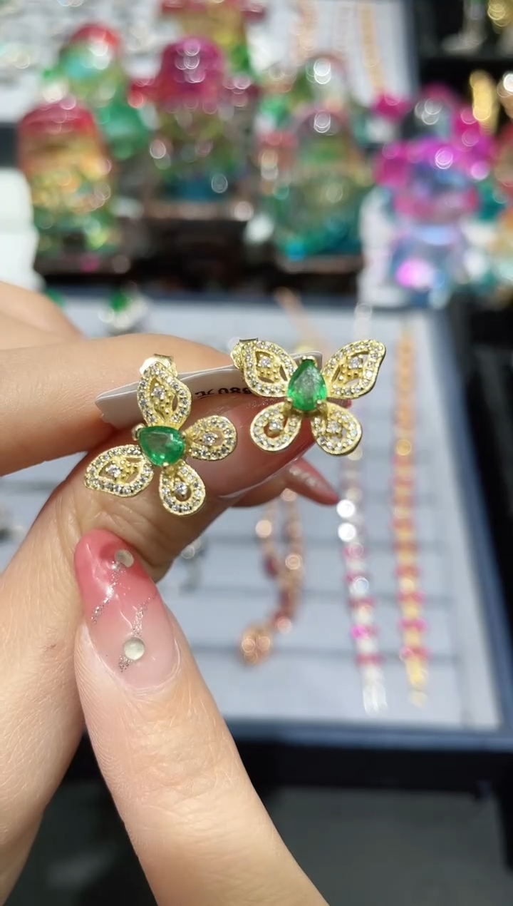 银S925镶嵌耳饰祖母绿耳饰