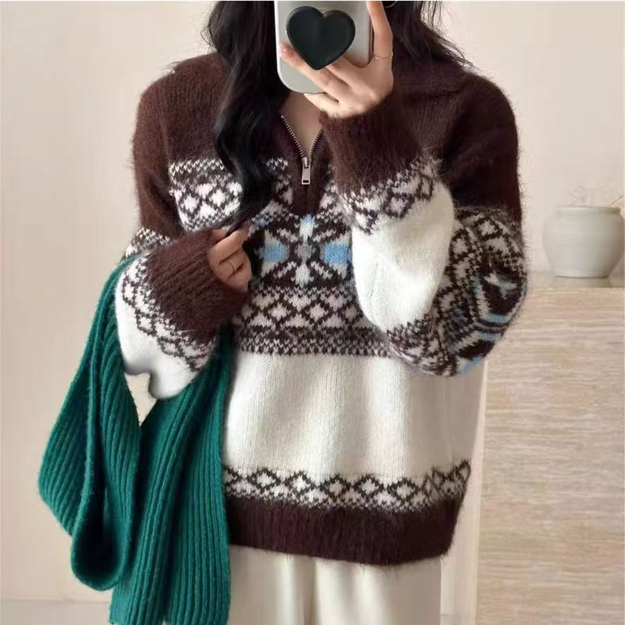 费尔岛毛衣设计小众衣服针织打底衫女韩系秋冬拉链高领上衣-5812